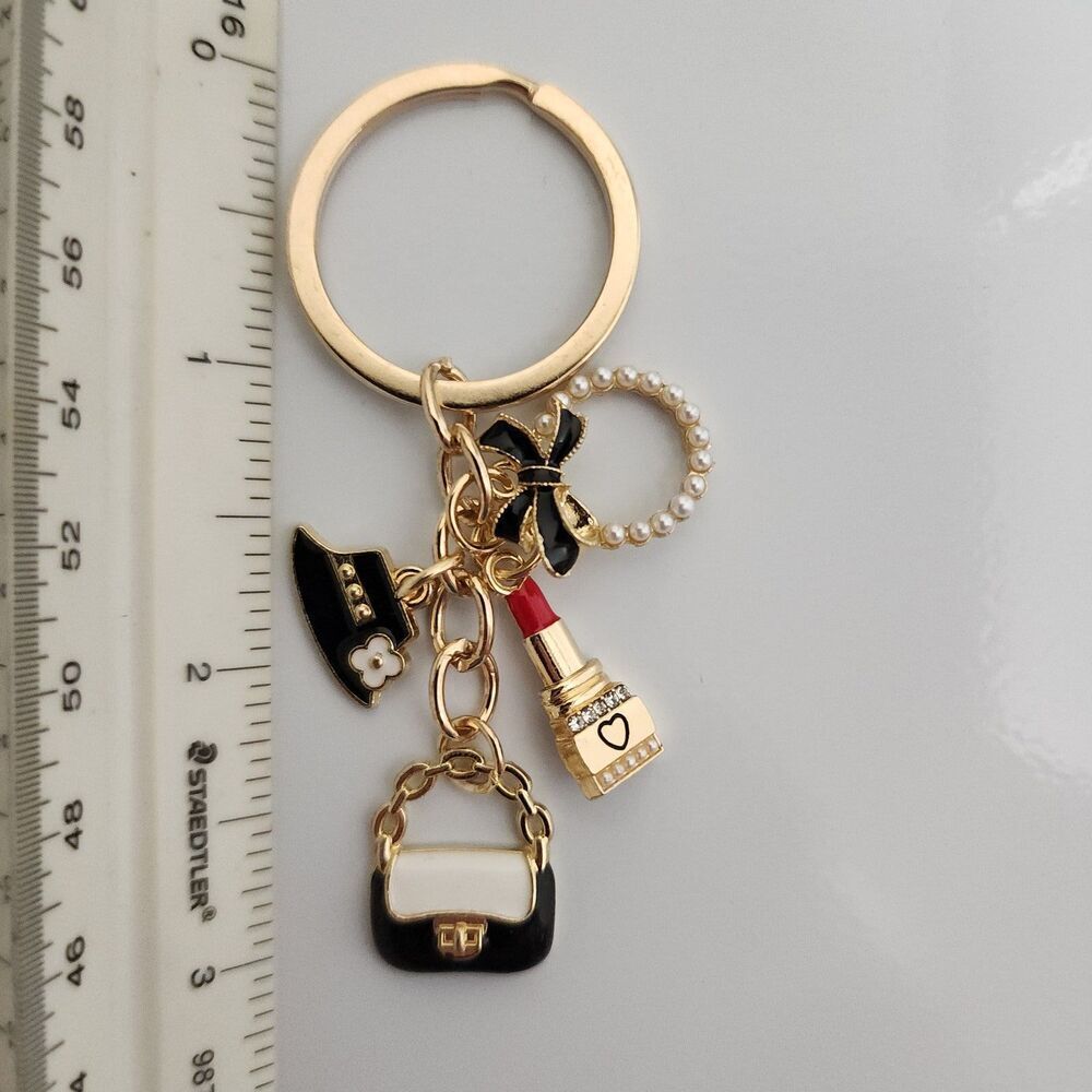 Chic Gold Fashion Charm Keychain Lipstick Purse Bow Pearls - Picture 5 of 5